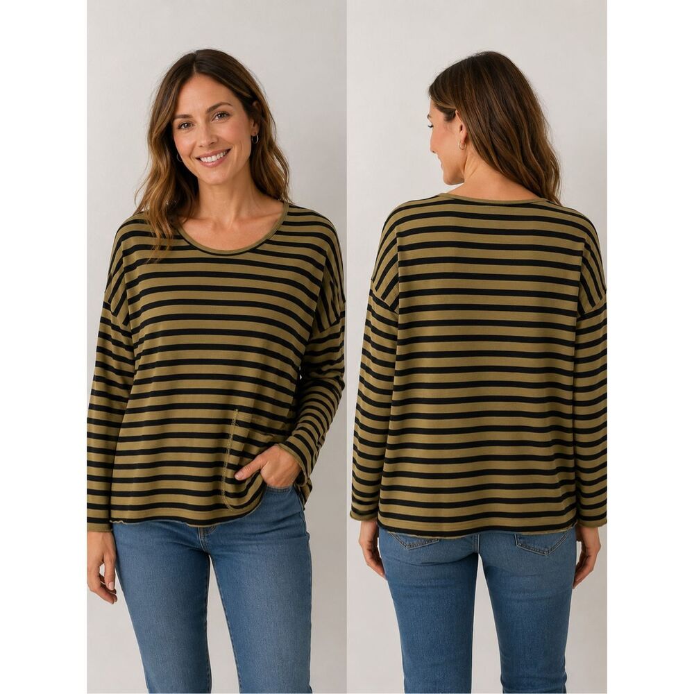 Cut loose Linen Blend Olive & Black Striped Long Sleeve Shirt XL #500
